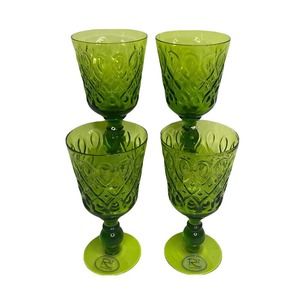 Set of 4 Zrike Brands Teardrop Pressed Glass Green Goblets 12 oz
